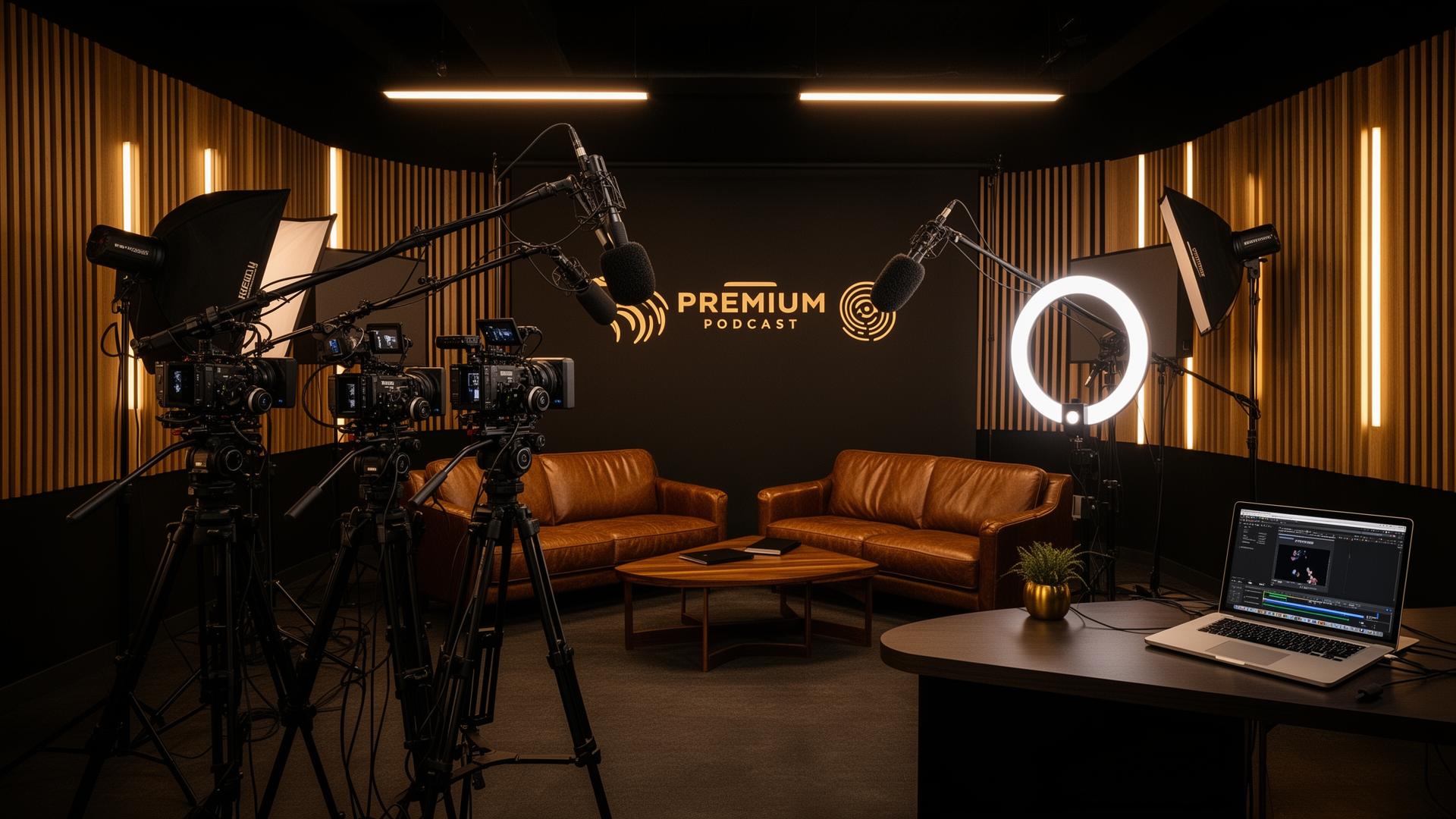 Real Rise OC podcast and content studio with multiple cameras, professional lighting, microphones, and lounge seating
